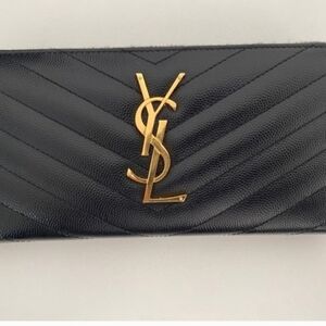 YSL Monogram Large Zip Wallet in Black Grained Quilted Leather